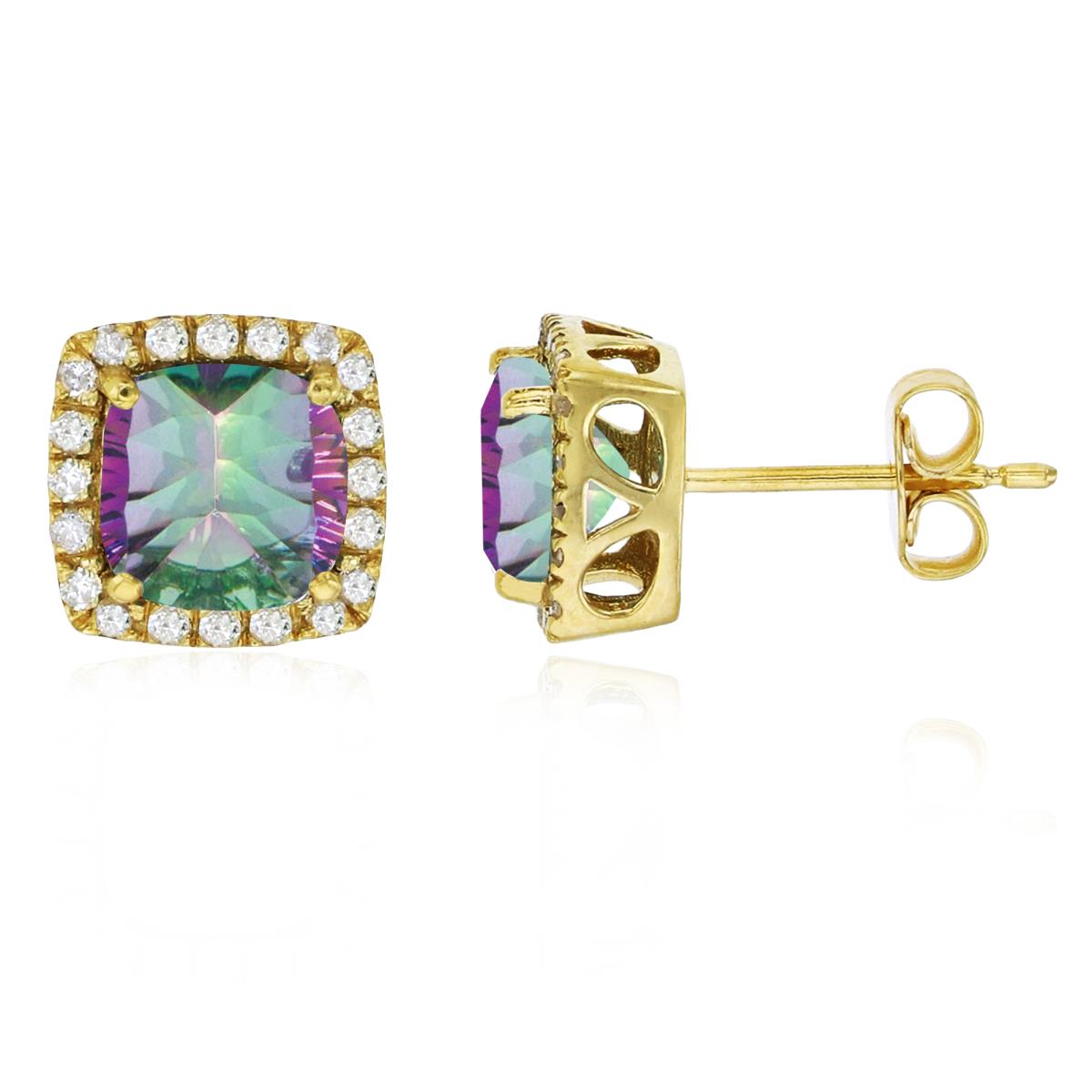 Sterling Silver Yellow 6mm Cushion Mystic Green Topaz & Cr White Sapphire Halo Stud Earring