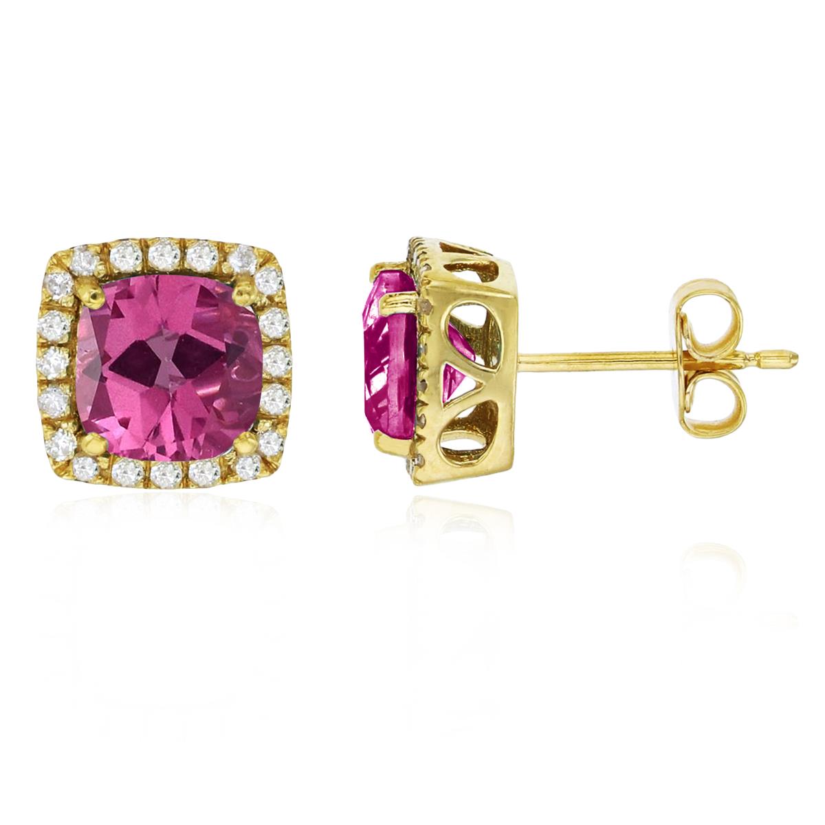 Sterling Silver Yellow 6mm Cushion Pure Pink & Cr White Sapphire Halo Stud Earring