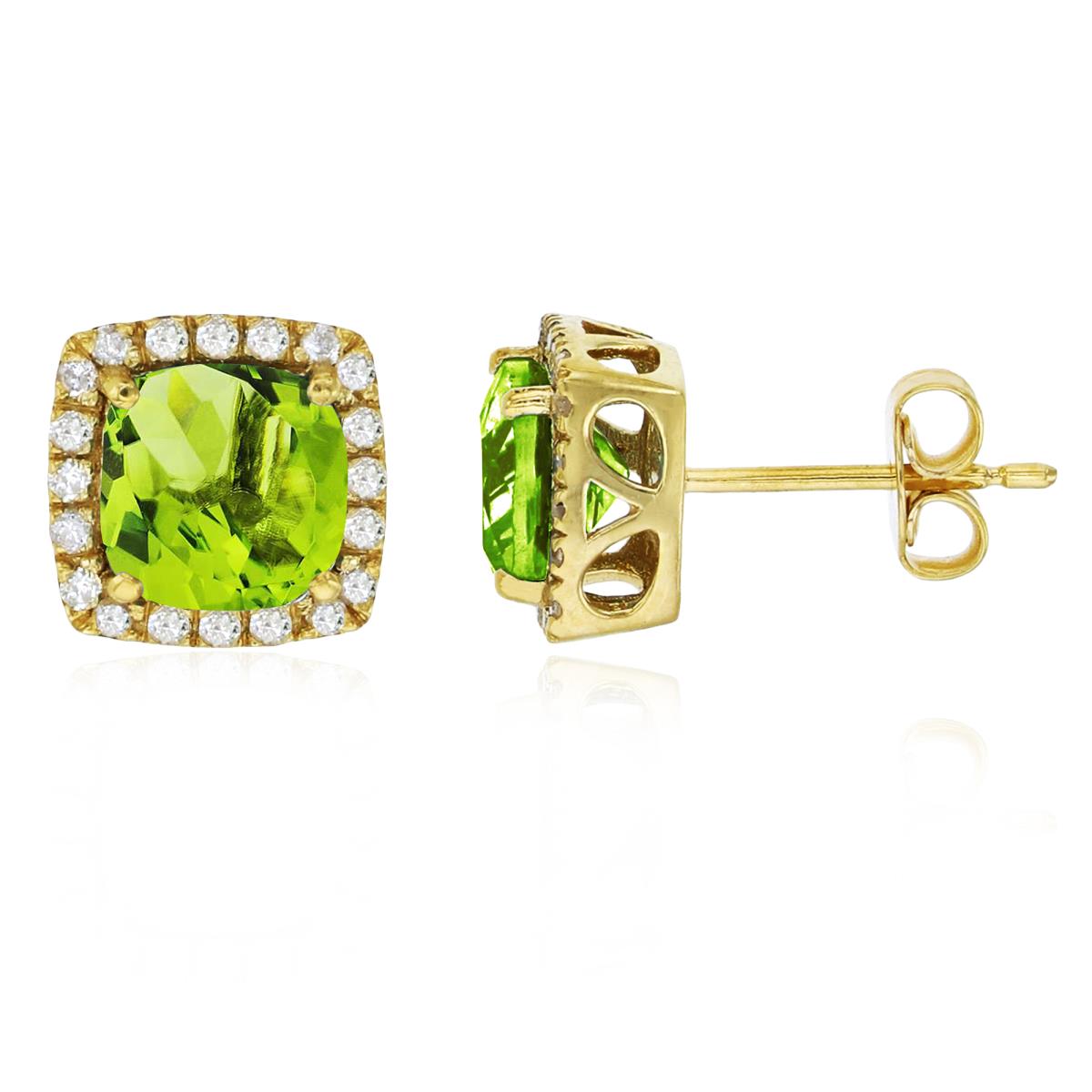 Sterling Silver Yellow 6mm Cushion Peridot & Cr White Sapphire Halo Stud Earring