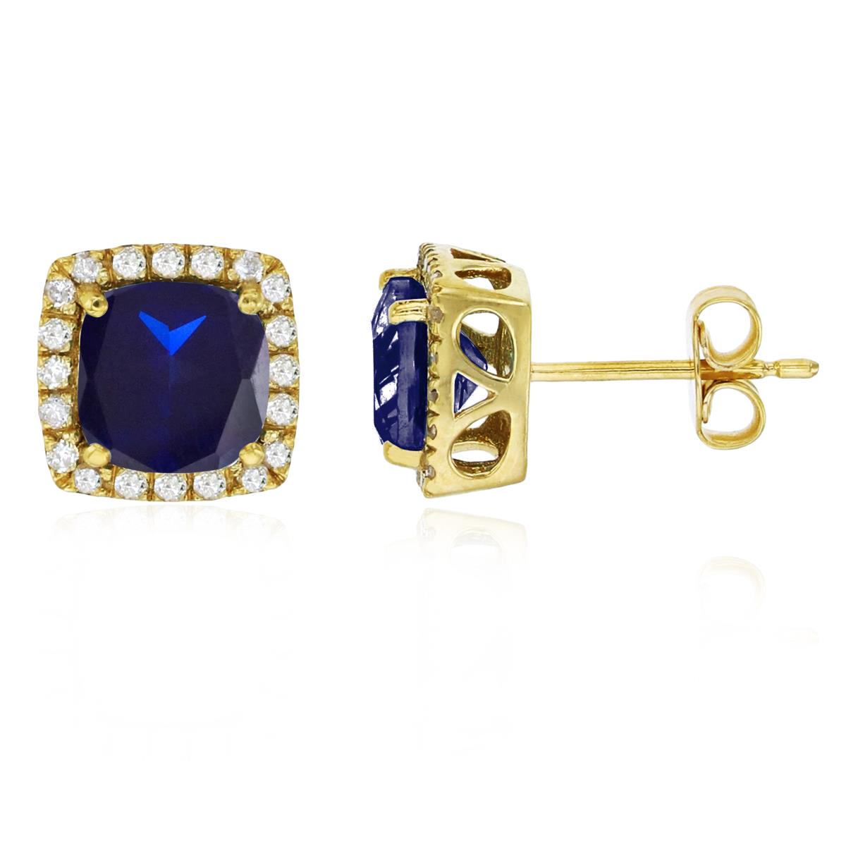 Sterling Silver Yellow 6mm Cushion Cr Blue Sapphire & Cr White Sapphire Halo Stud Earring