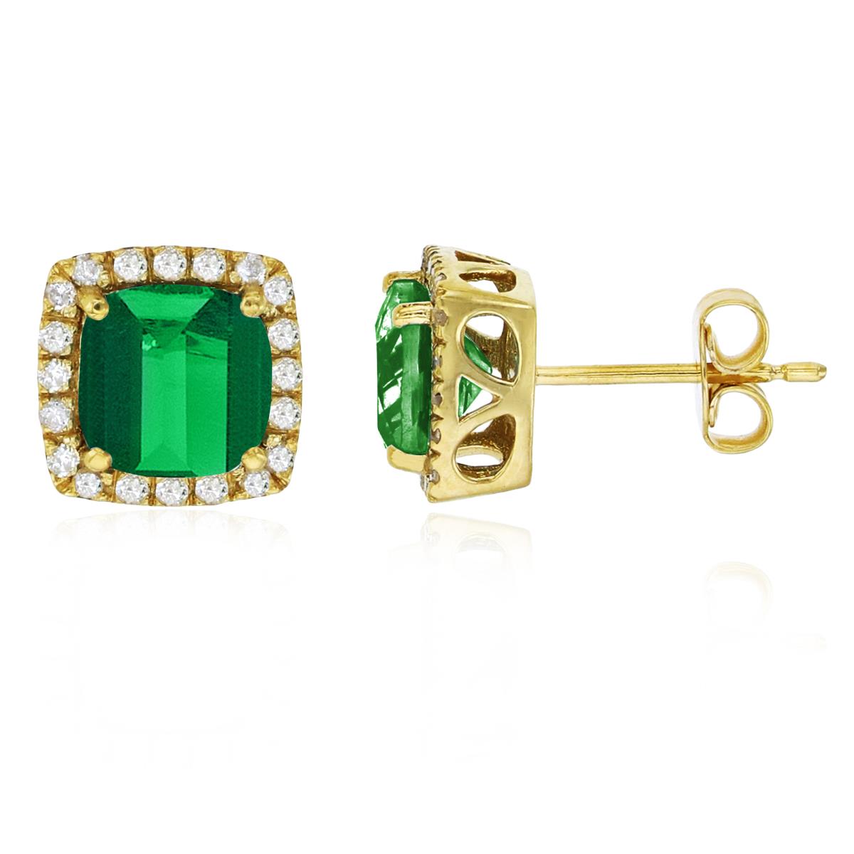 Sterling Silver Yellow 6mm Cushion Cr Emerald & Cr White Sapphire Halo Stud Earring