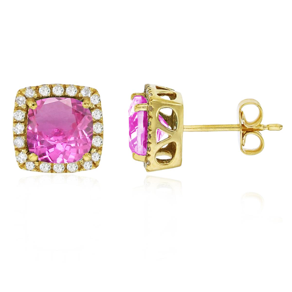 Sterling Silver Yellow 6mm Cushion Cr Pink Sapphire & Cr White Sapphire Halo Stud Earring