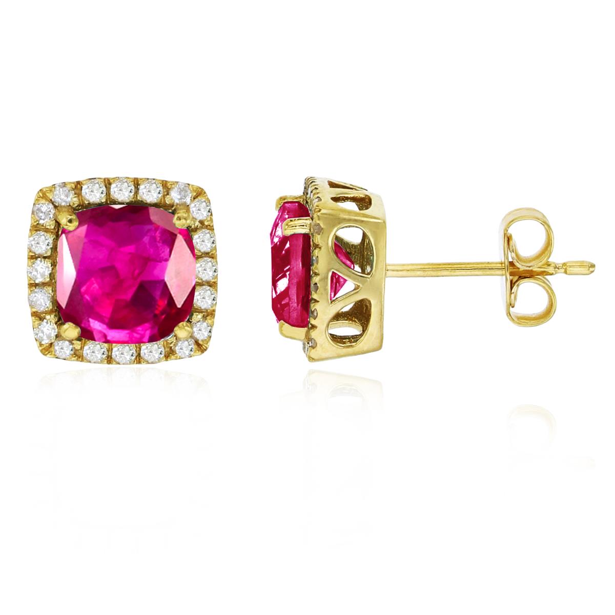 Sterling Silver Yellow 6mm Cushion Cr Ruby & Cr White Sapphire Halo Stud Earring