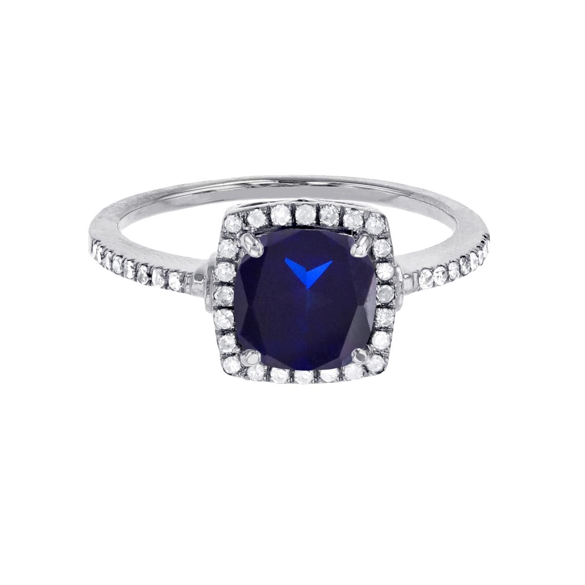 Sterling Silver Rhodium 7mm Cushion Cr Blue Sapphire & Cr White Sapphire Halo Ring