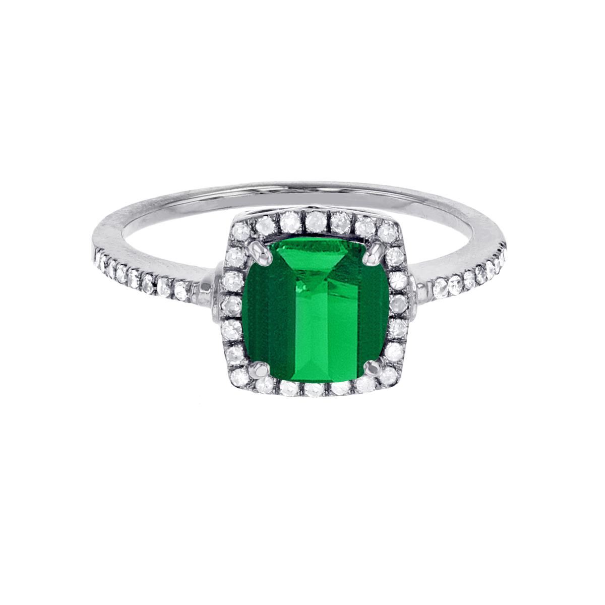 Sterling Silver Rhodium 7mm Cushion Cr Emerald & Cr White Sapphire Halo Ring