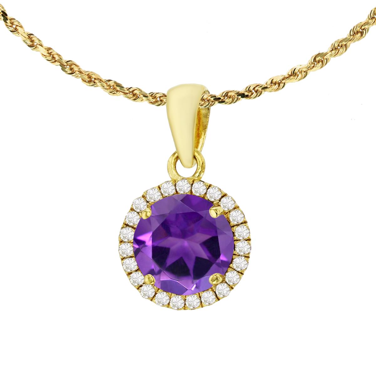 14K Yellow Gold 7mm Round Amethyst & 0.12 CTTW Diamond Halo 18" Rope Chain Necklace