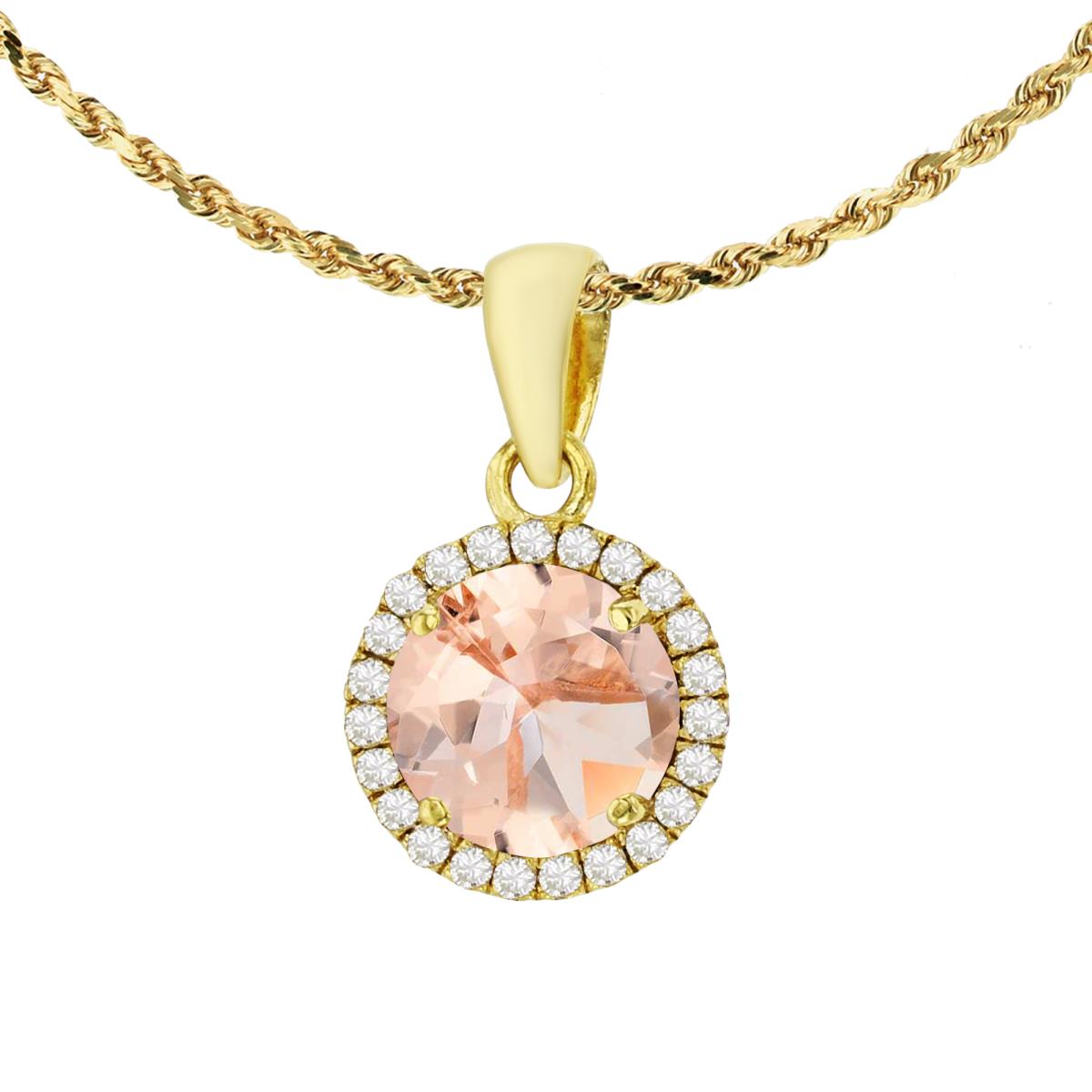 14K Yellow Gold 7mm Round Morganite & 0.12 CTTW Diamond Halo 18" Rope Chain Necklace