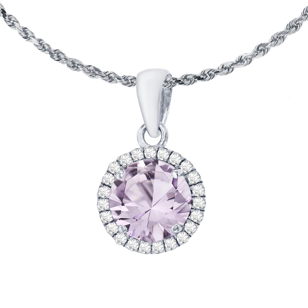 14K White Gold 7mm Round Rose De France & 0.12 CTTW Diamond Halo 18" Rope Chain Necklace