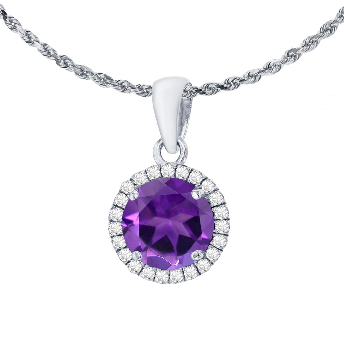 14K White Gold 7mm Round Amethyst & 0.12 CTTW Diamond Halo 18" Rope Chain Necklace