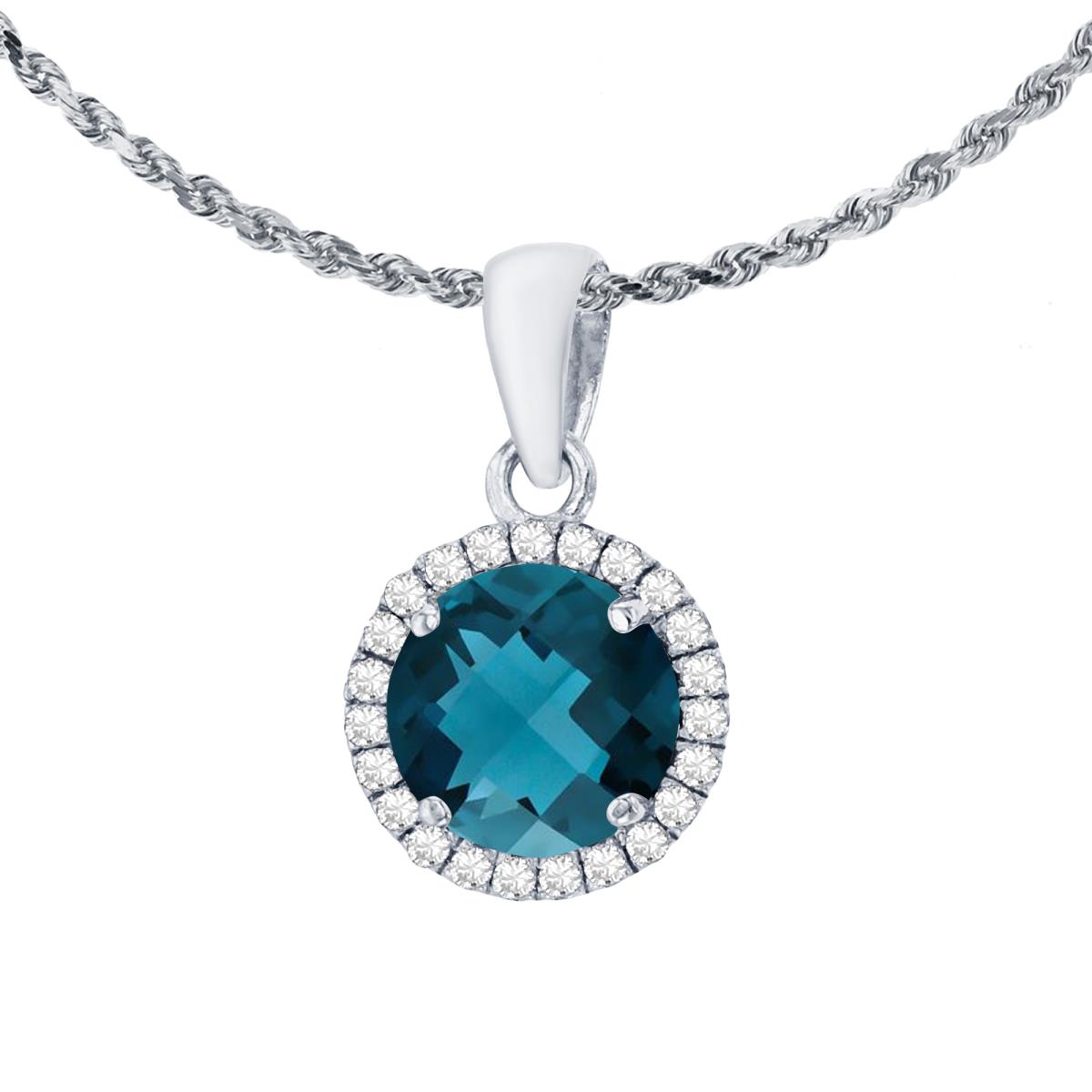 14K White Gold 7mm Round London Blue Topaz & 0.12 CTTW Diamond Halo 18" Rope Chain Necklace