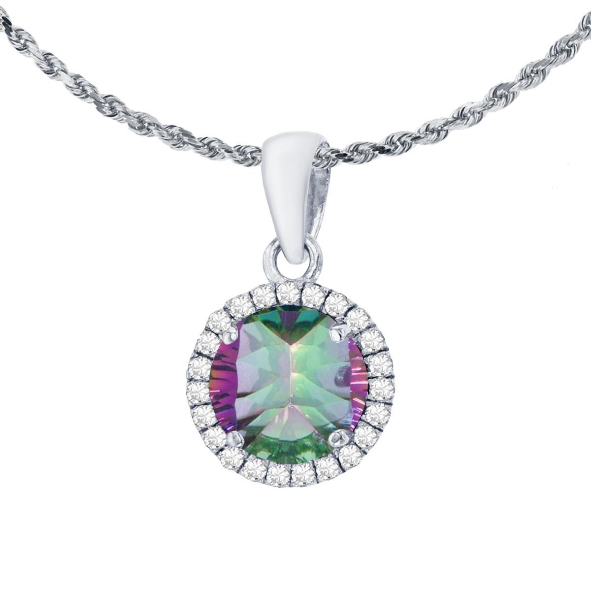 14K White Gold 7mm Round Mystic Green Topaz & 0.12 CTTW Diamond Halo 18" Rope Chain Necklace