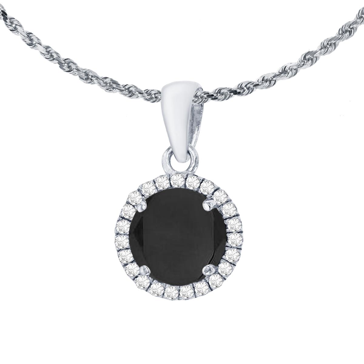 14K White Gold 7mm Round Onyx & 0.12 CTTW Diamond Halo 18" Rope Chain Necklace