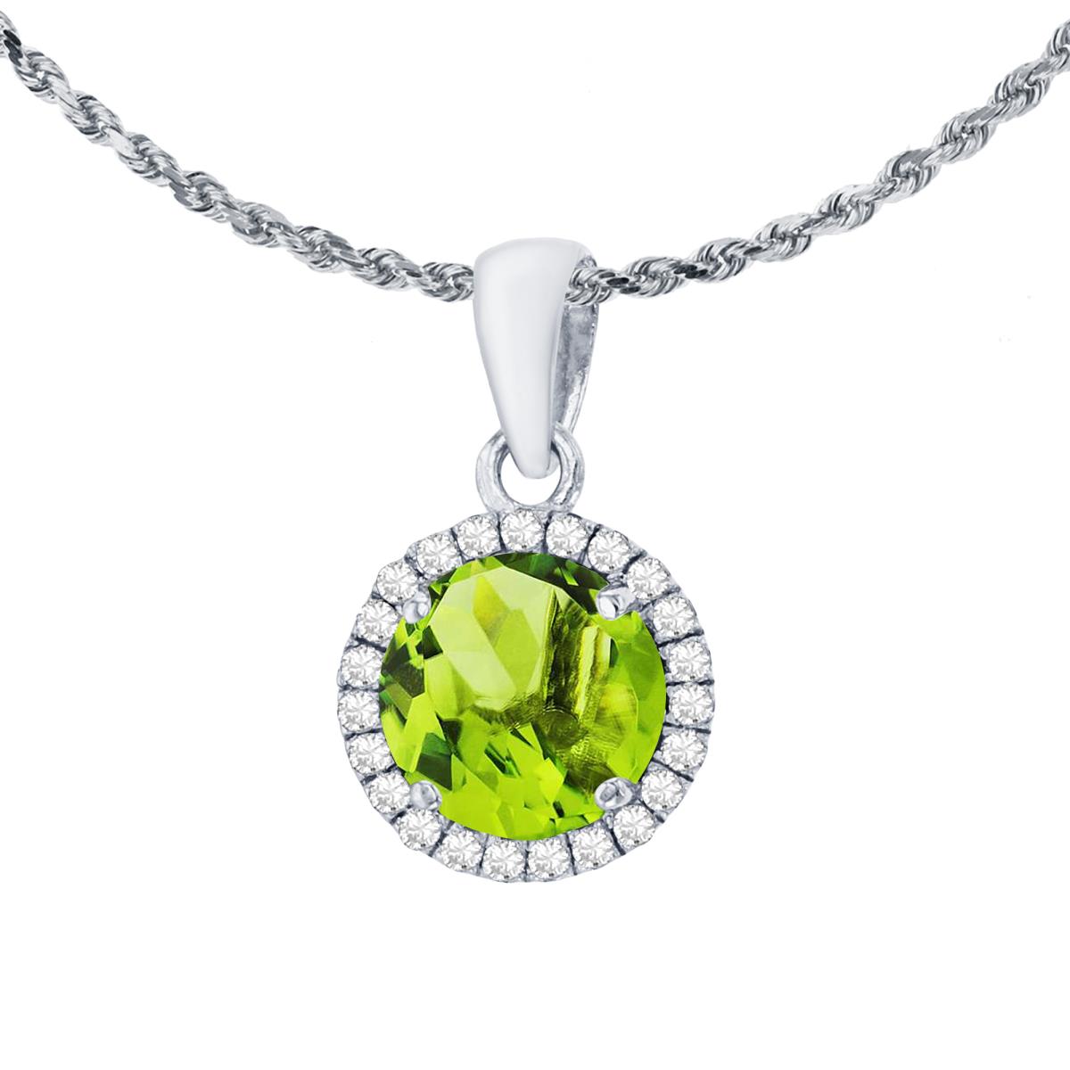 14K White Gold 7mm Round Peridot & 0.12 CTTW Diamond Halo 18" Rope Chain Necklace