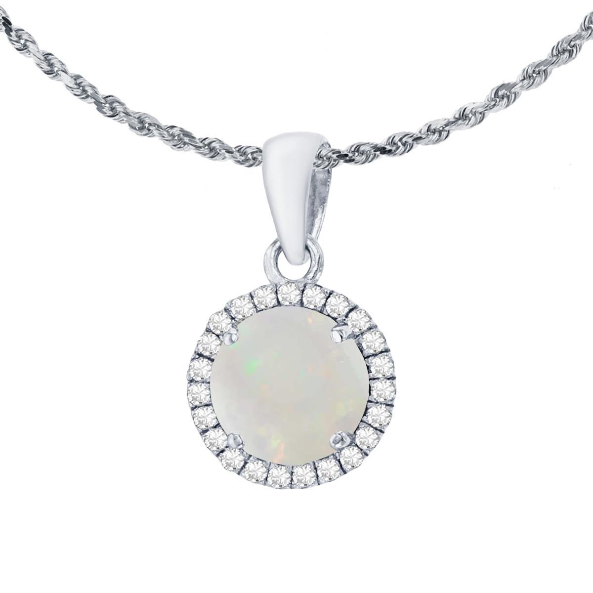 14K White Gold 7mm Round Opal & 0.12 CTTW Diamond Halo 18" Rope Chain Necklace