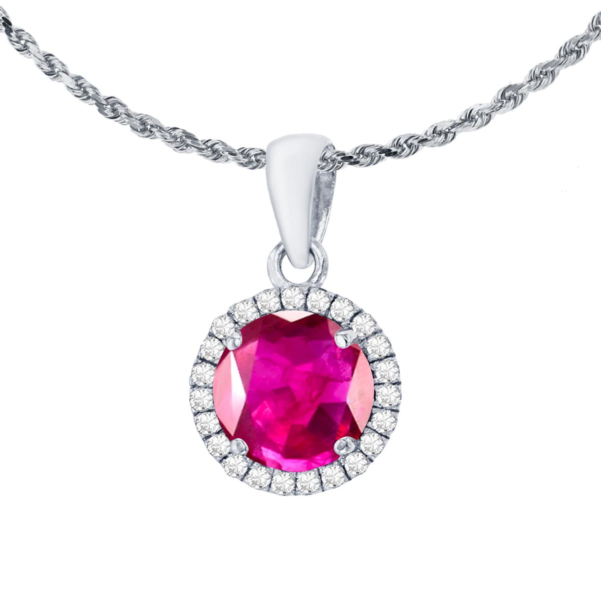 14K White Gold 7mm Round Glass Filled Ruby & 0.12 CTTW Diamond Halo 18" Rope Chain Necklace