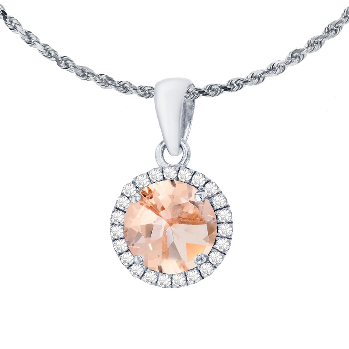 14K White Gold 7mm Round Morganite & 0.12 CTTW Diamond Halo 18" Rope Chain Necklace