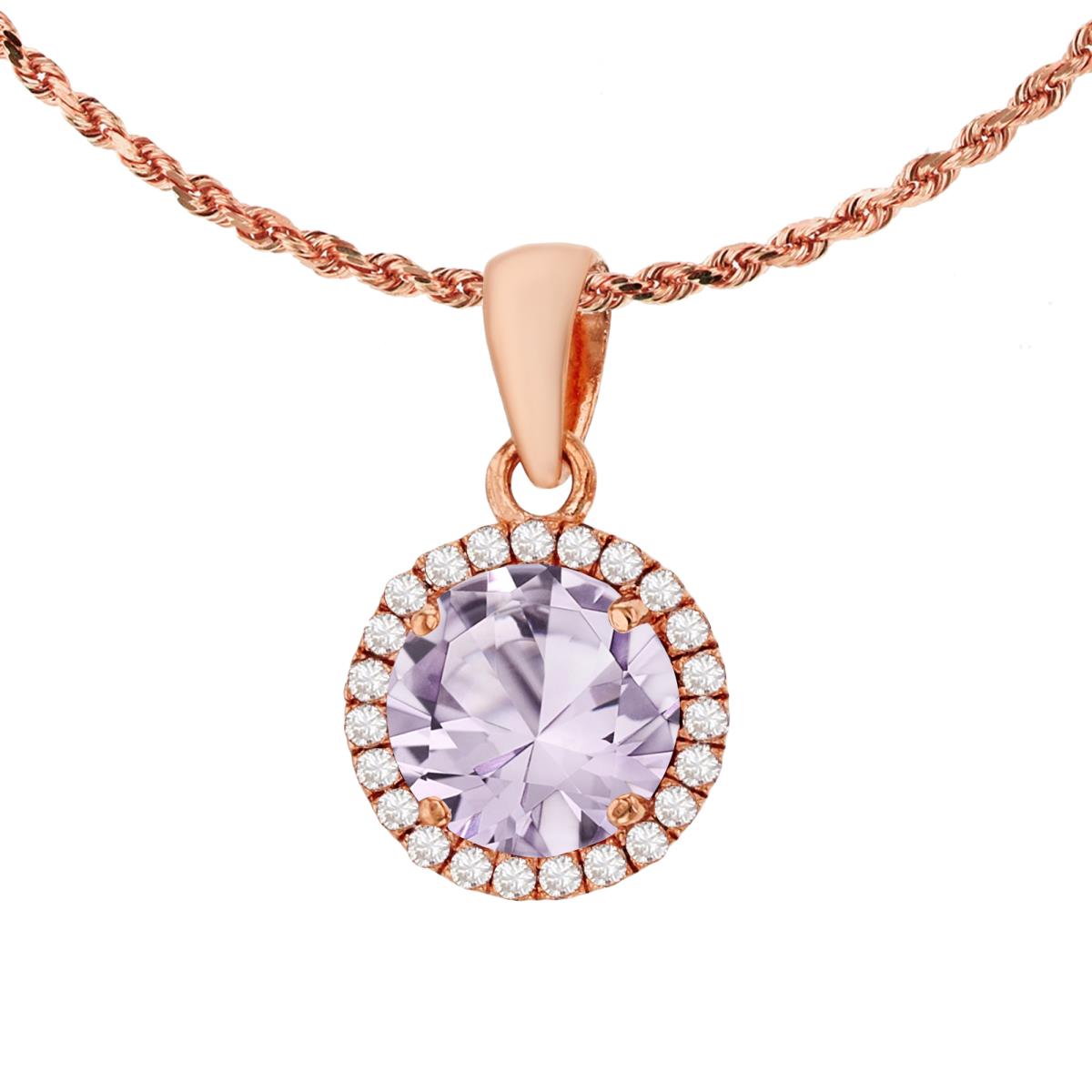14K Rose Gold 7mm Round Rose De France & 0.12 CTTW Diamond Halo 18" Rope Chain Necklace