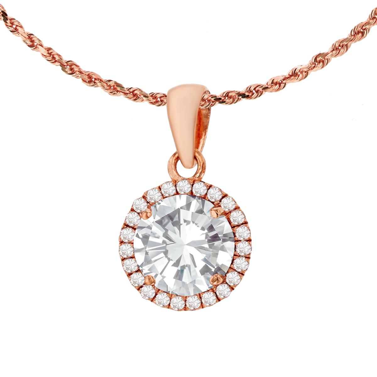 14K Rose Gold 7mm Round White Topaz & 0.12 CTTW Diamond Halo 18" Rope Chain Necklace
