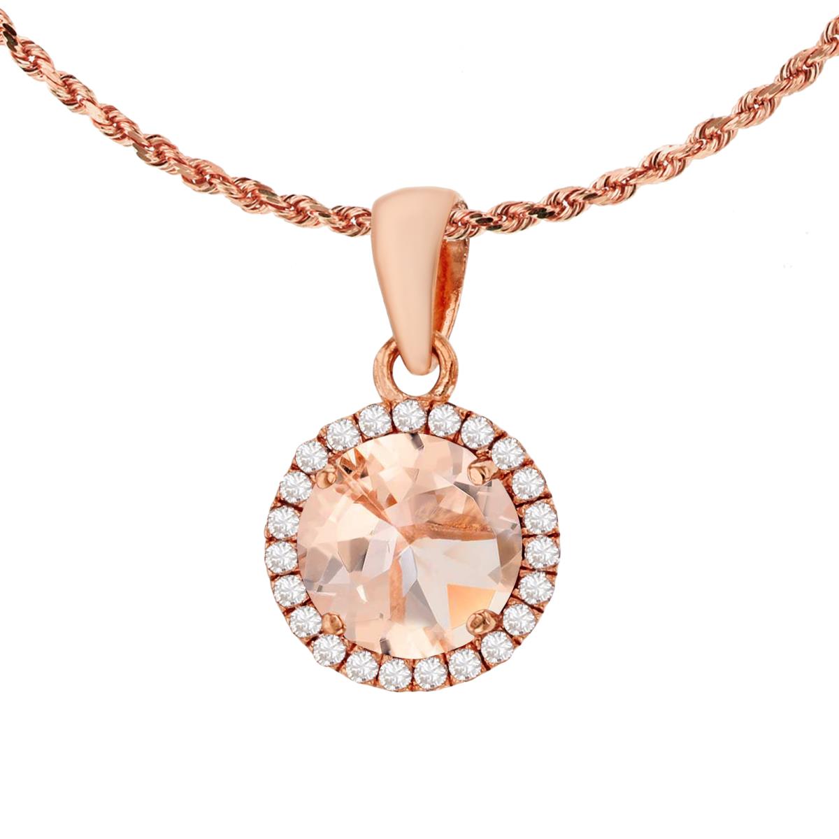 14K Rose Gold 7mm Round Morganite & 0.12 CTTW Diamond Halo 18" Rope Chain Necklace