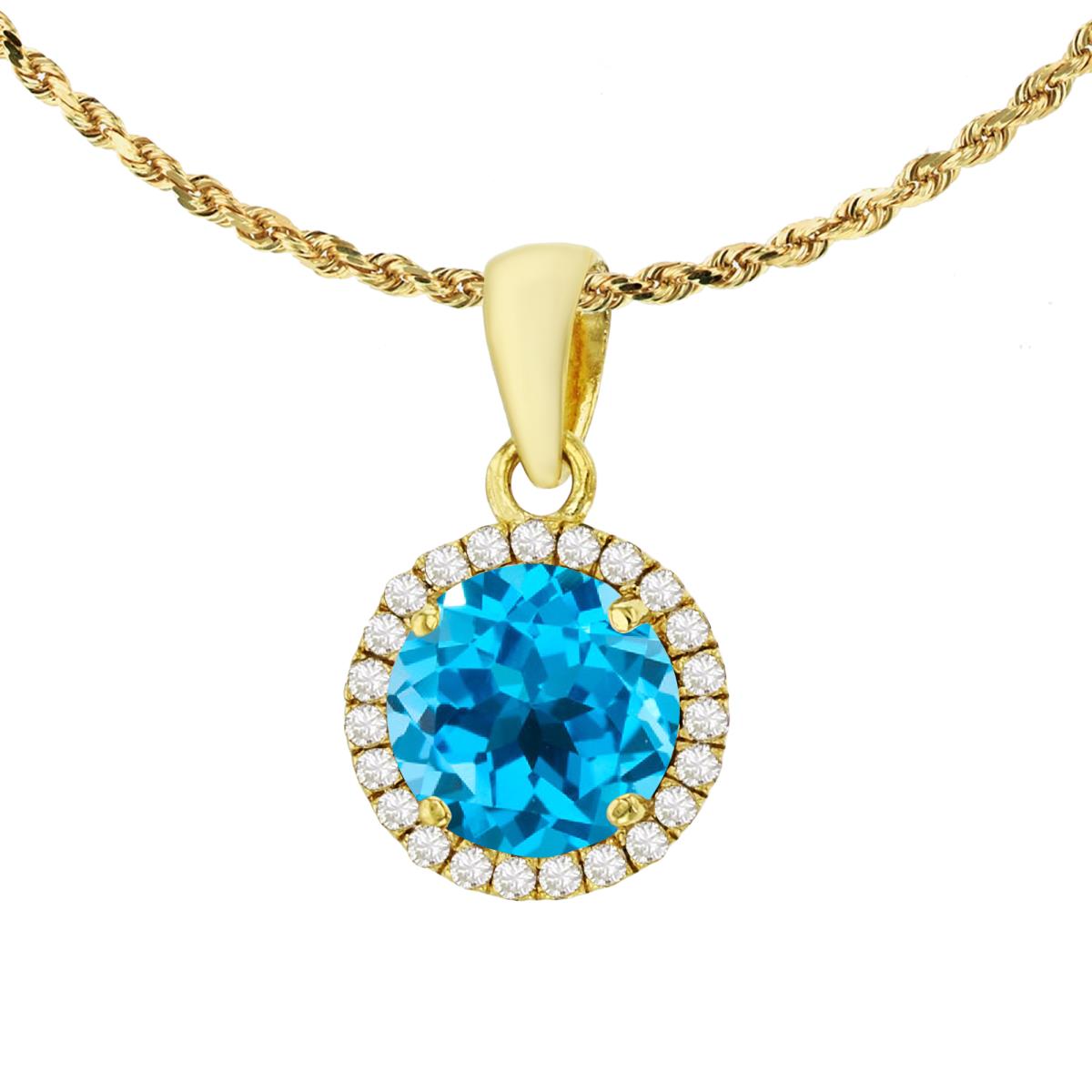 10K Yellow Gold 7mm Round Swiss Blue Topaz & 0.12 CTTW Diamond Halo 18" Rope Chain Necklace