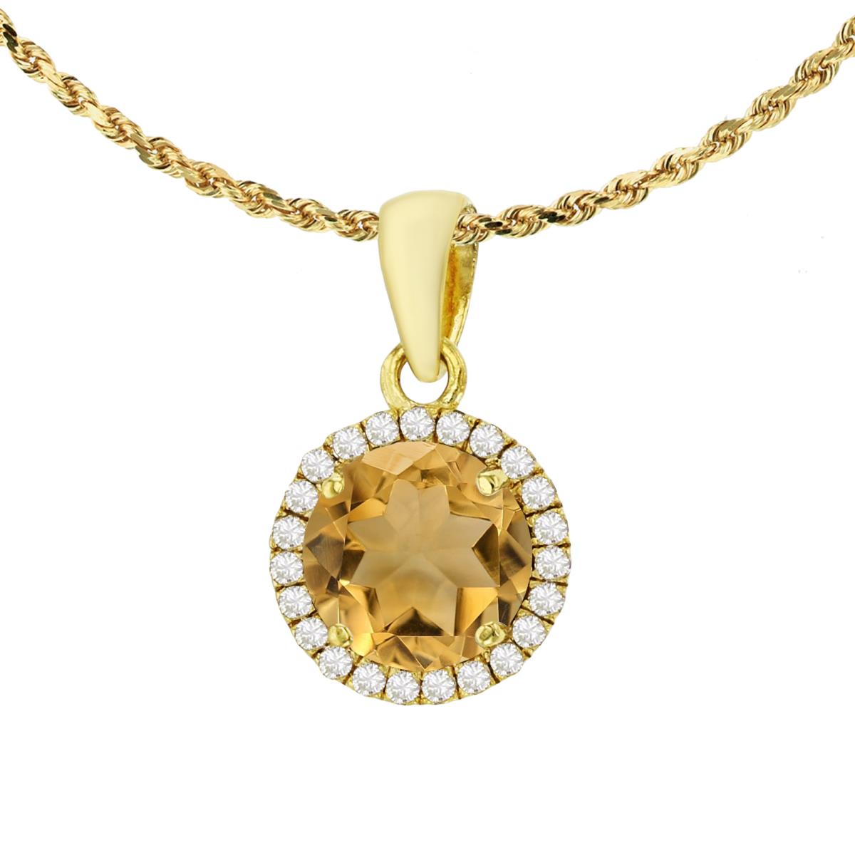 10K Yellow Gold 7mm Round Citrine & 0.12 CTTW Diamond Halo 18" Rope Chain Necklace