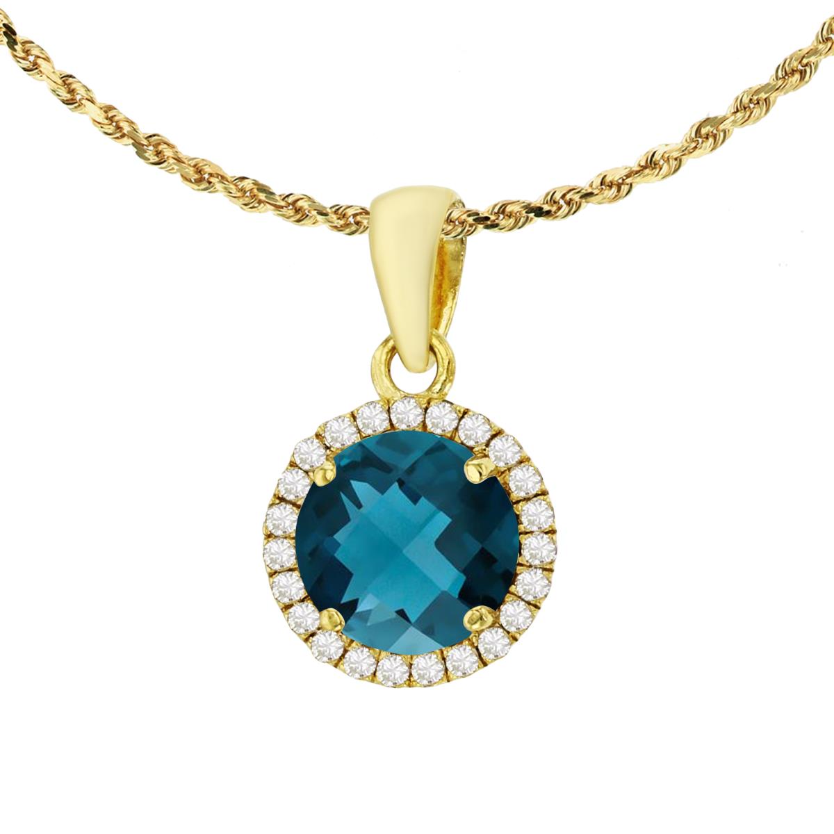 10K Yellow Gold 7mm Round London Blue Topaz & 0.12 CTTW Diamond Halo 18" Rope Chain Necklace