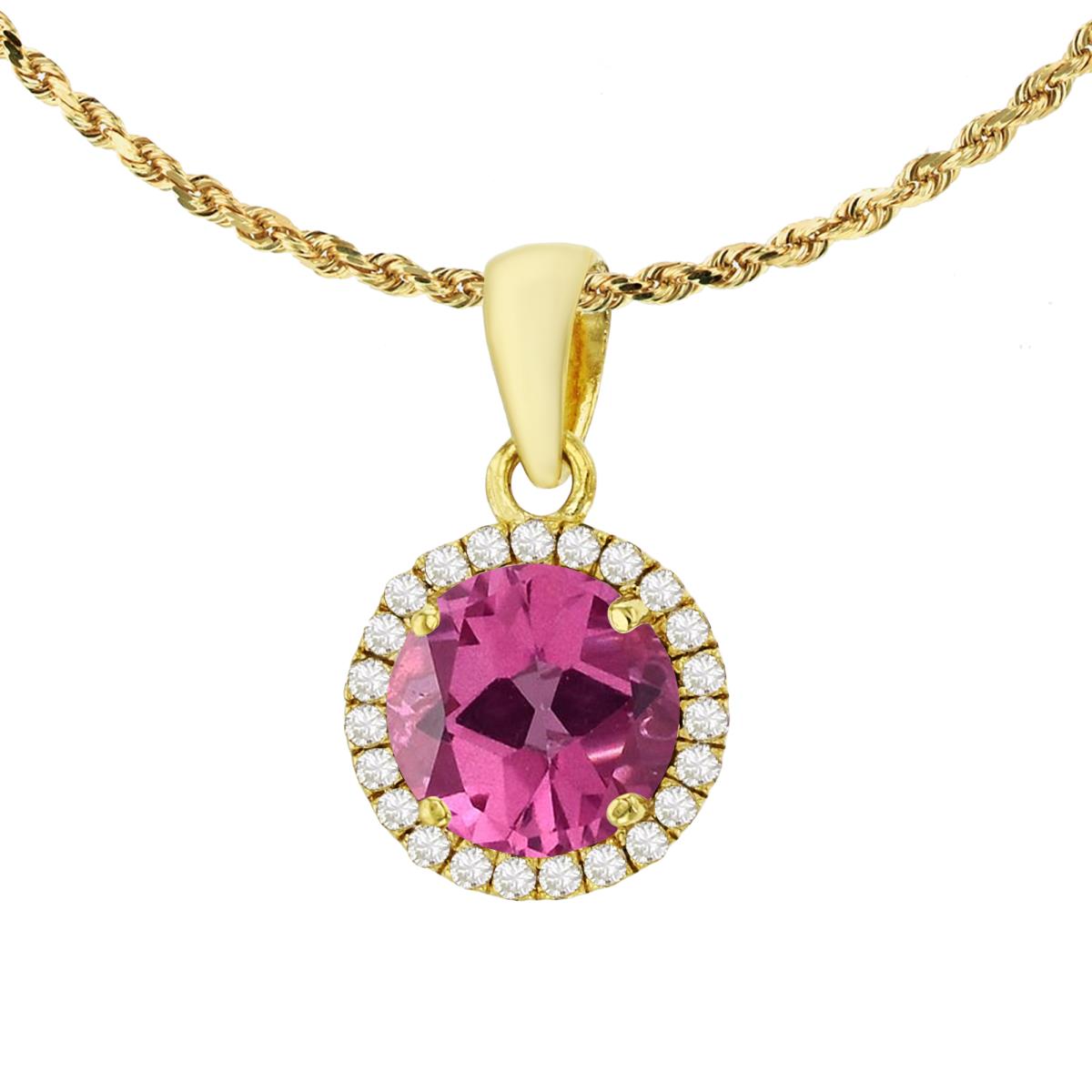 10K Yellow Gold 7mm Round Pure Pink & 0.12 CTTW Diamond Halo 18" Rope Chain Necklace