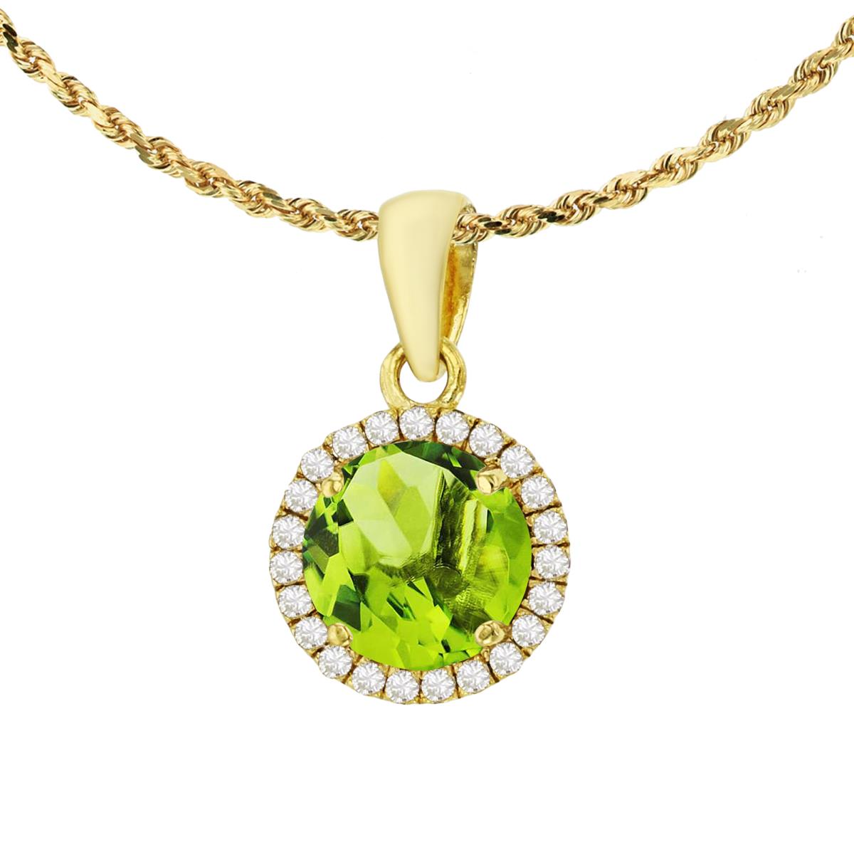 10K Yellow Gold 7mm Round Peridot & 0.12 CTTW Diamond Halo 18" Rope Chain Necklace