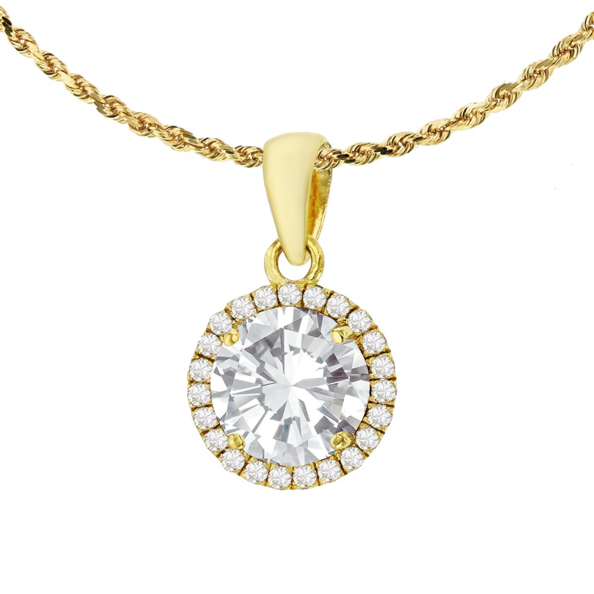 10K Yellow Gold 7mm Round White Topaz & 0.12 CTTW Diamond Halo 18" Rope Chain Necklace