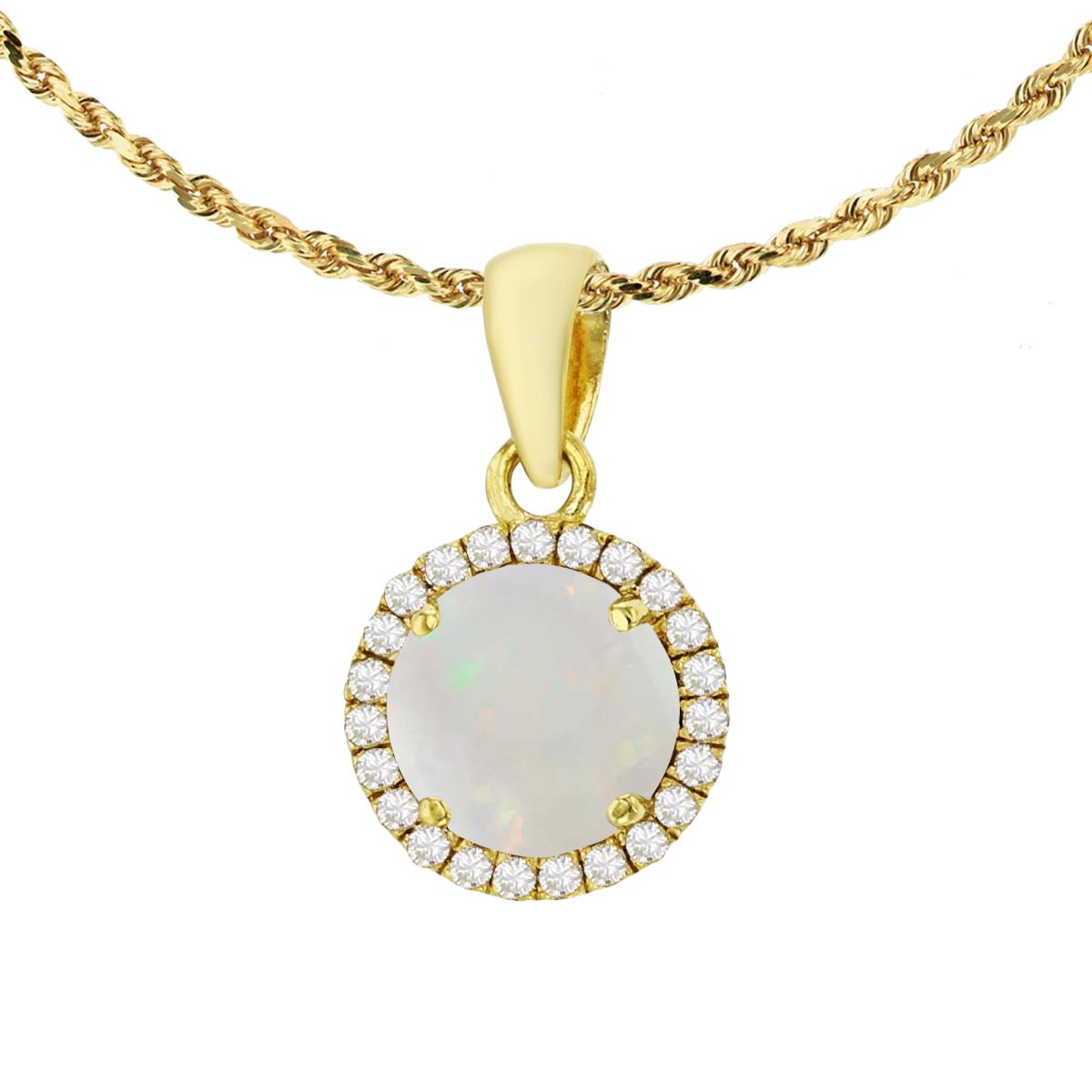 10K Yellow Gold 7mm Round Opal & 0.12 CTTW Diamond Halo 18" Rope Chain Necklace