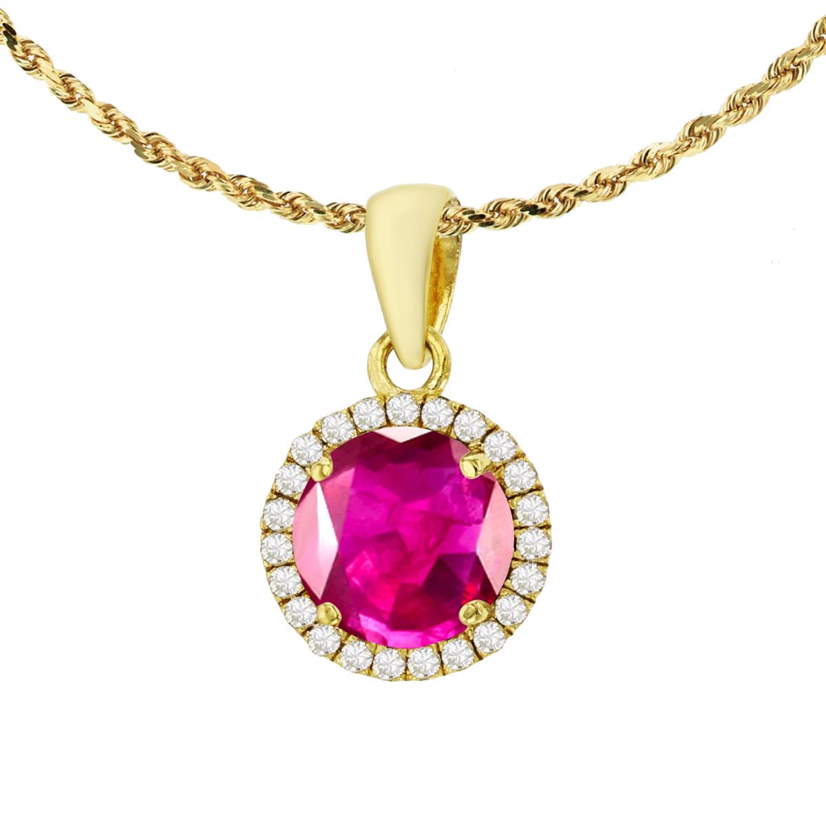 10K Yellow Gold 7mm Round Glass Filled Ruby & 0.12 CTTW Diamond Halo 18" Rope Chain Necklace