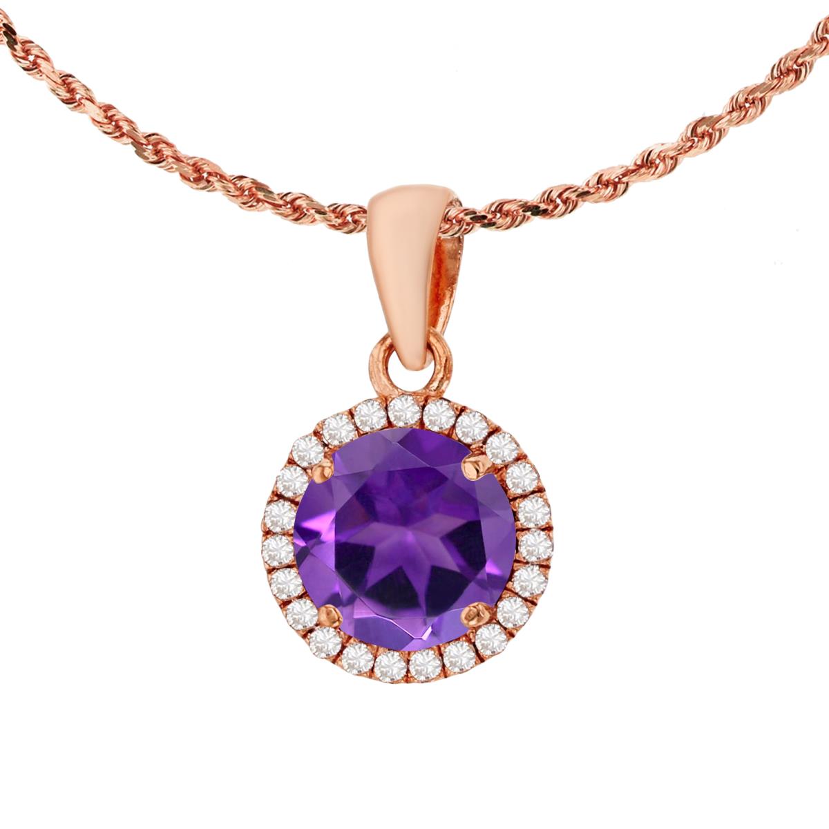 10K Rose Gold 7mm Round Amethyst & 0.12 CTTW Diamond Halo 18" Rope Chain Necklace