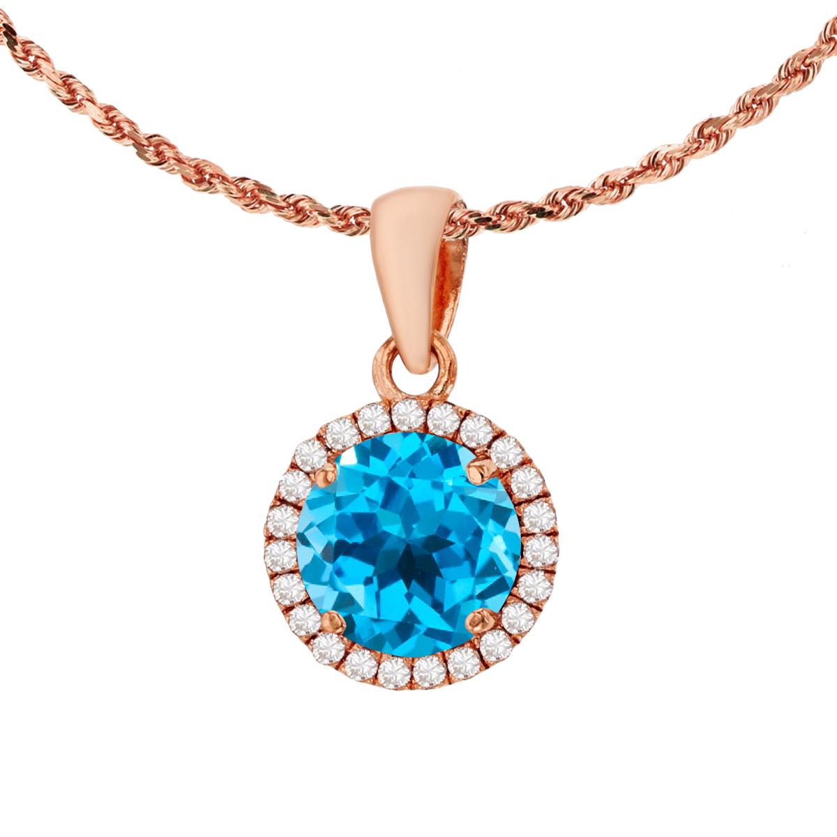 10K Rose Gold 7mm Round Swiss Blue Topaz & 0.12 CTTW Diamond Halo 18" Rope Chain Necklace