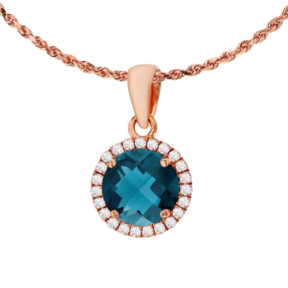 10K Rose Gold 7mm Round London Blue Topaz & 0.12 CTTW Diamond Halo 18" Rope Chain Necklace