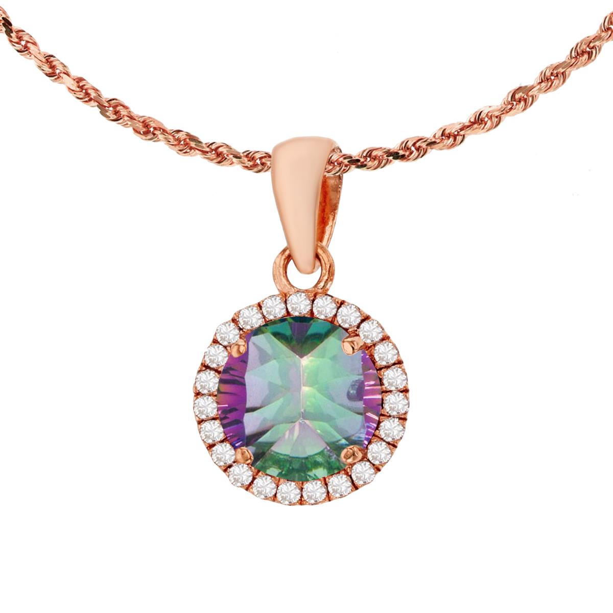 10K Rose Gold 7mm Round Mystic Green Topaz & 0.12 CTTW Diamond Halo 18" Rope Chain Necklace
