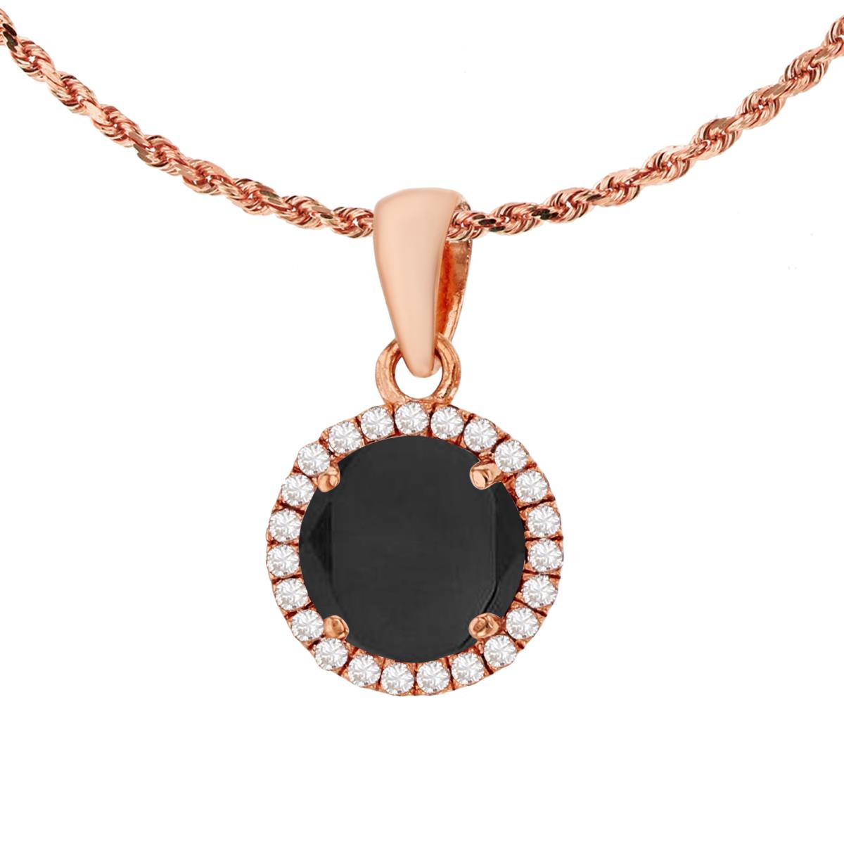 10K Rose Gold 7mm Round Onyx & 0.12 CTTW Diamond Halo 18" Rope Chain Necklace