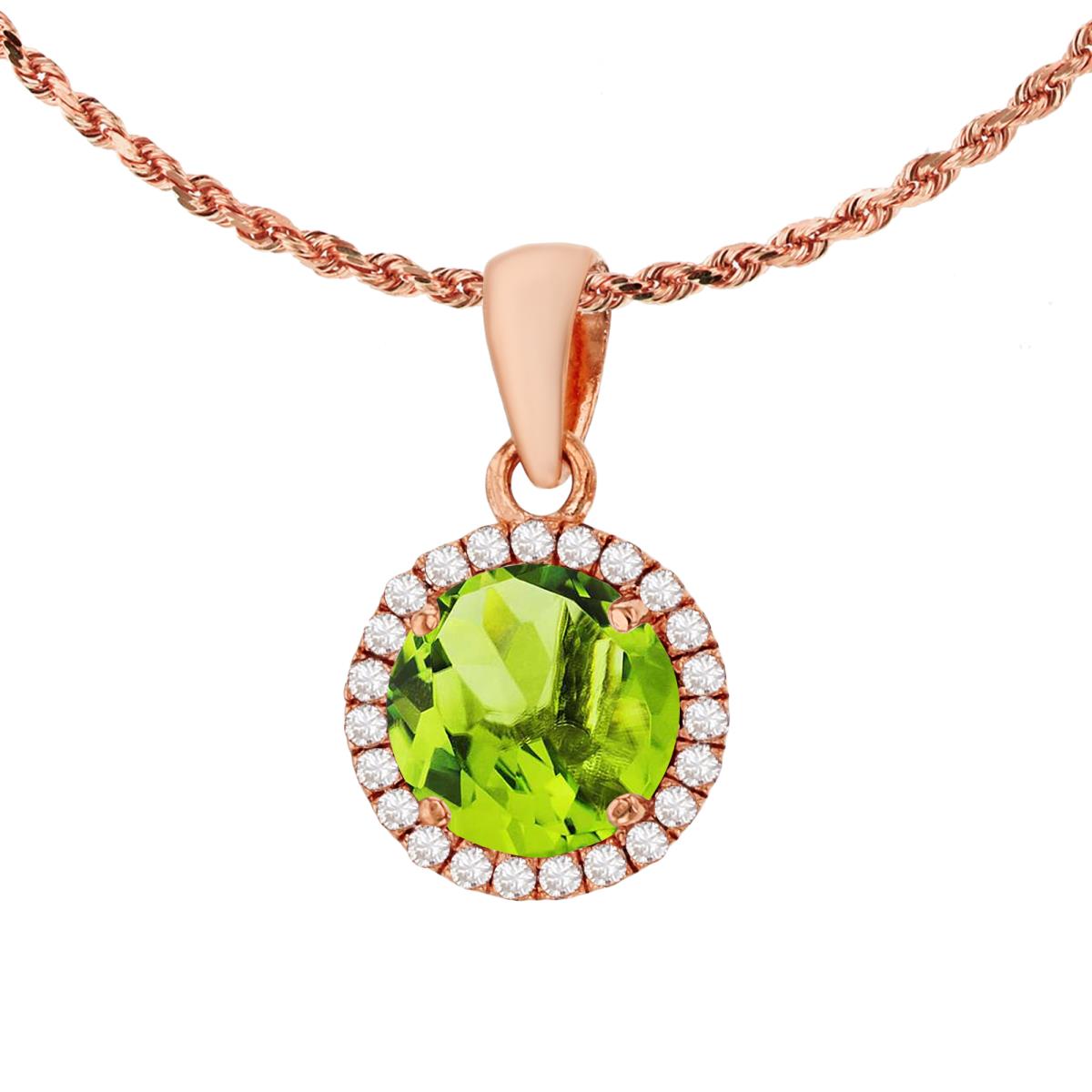 10K Rose Gold 7mm Round Peridot & 0.12 CTTW Diamond Halo 18" Rope Chain Necklace