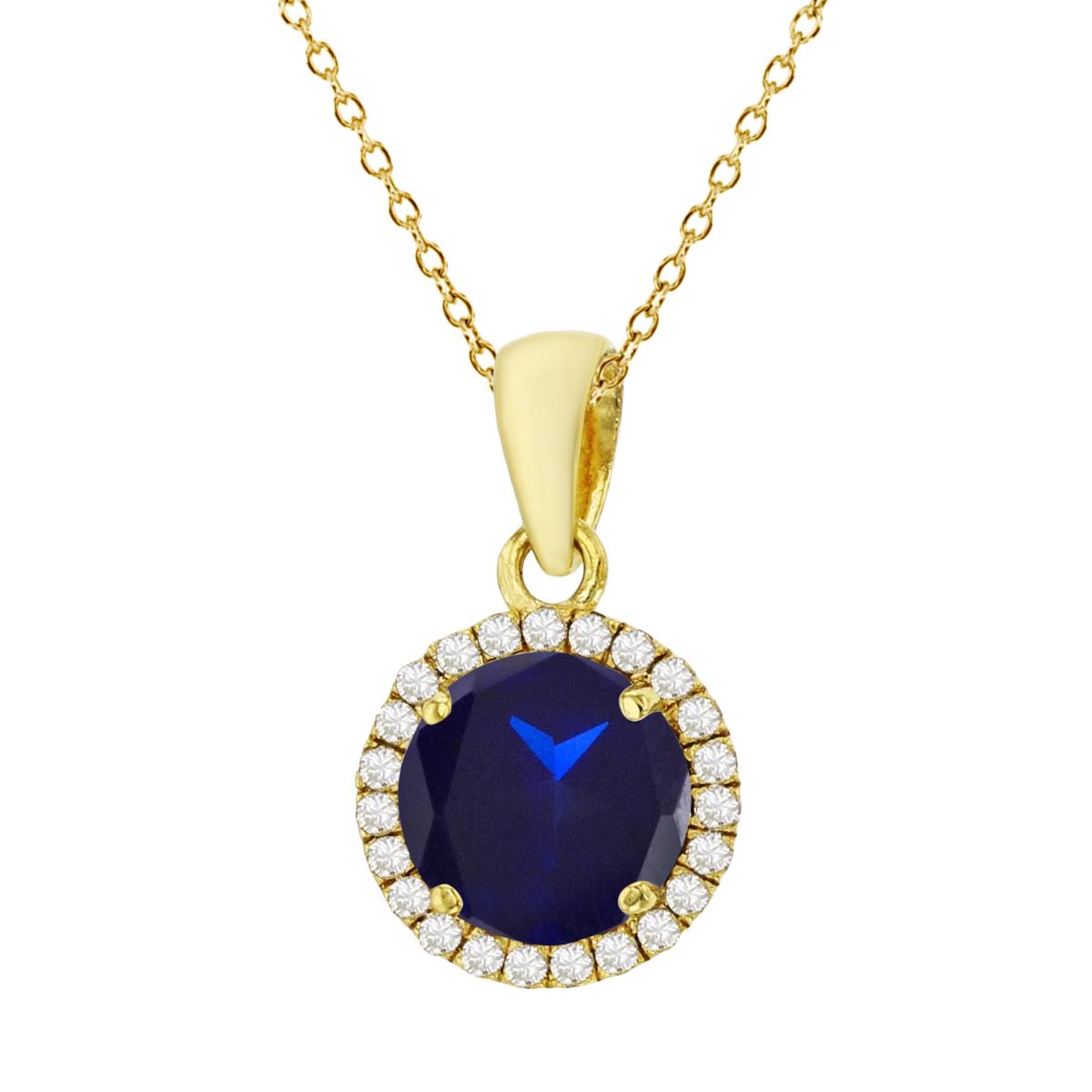 Sterling Silver Yellow 7mm Round Cr Blue Sapphire & Cr White Sapphire Halo 18" Necklace