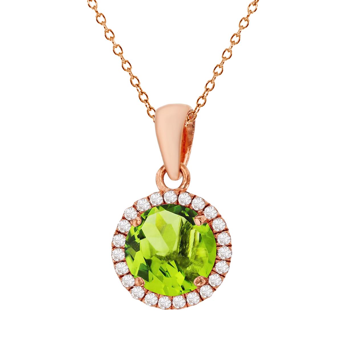 Sterling Silver Rose 7mm Round Peridot & Cr White Sapphire Halo 18" Necklace