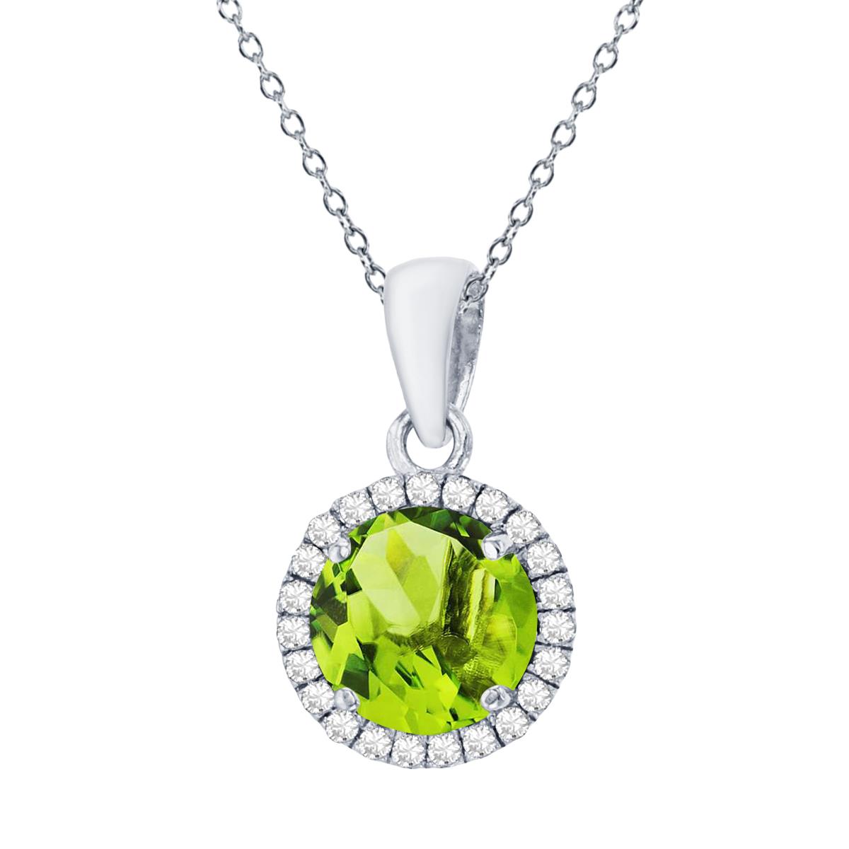Sterling Silver Rhodium 7mm Round Peridot & Cr White Sapphire Halo 18" Necklace