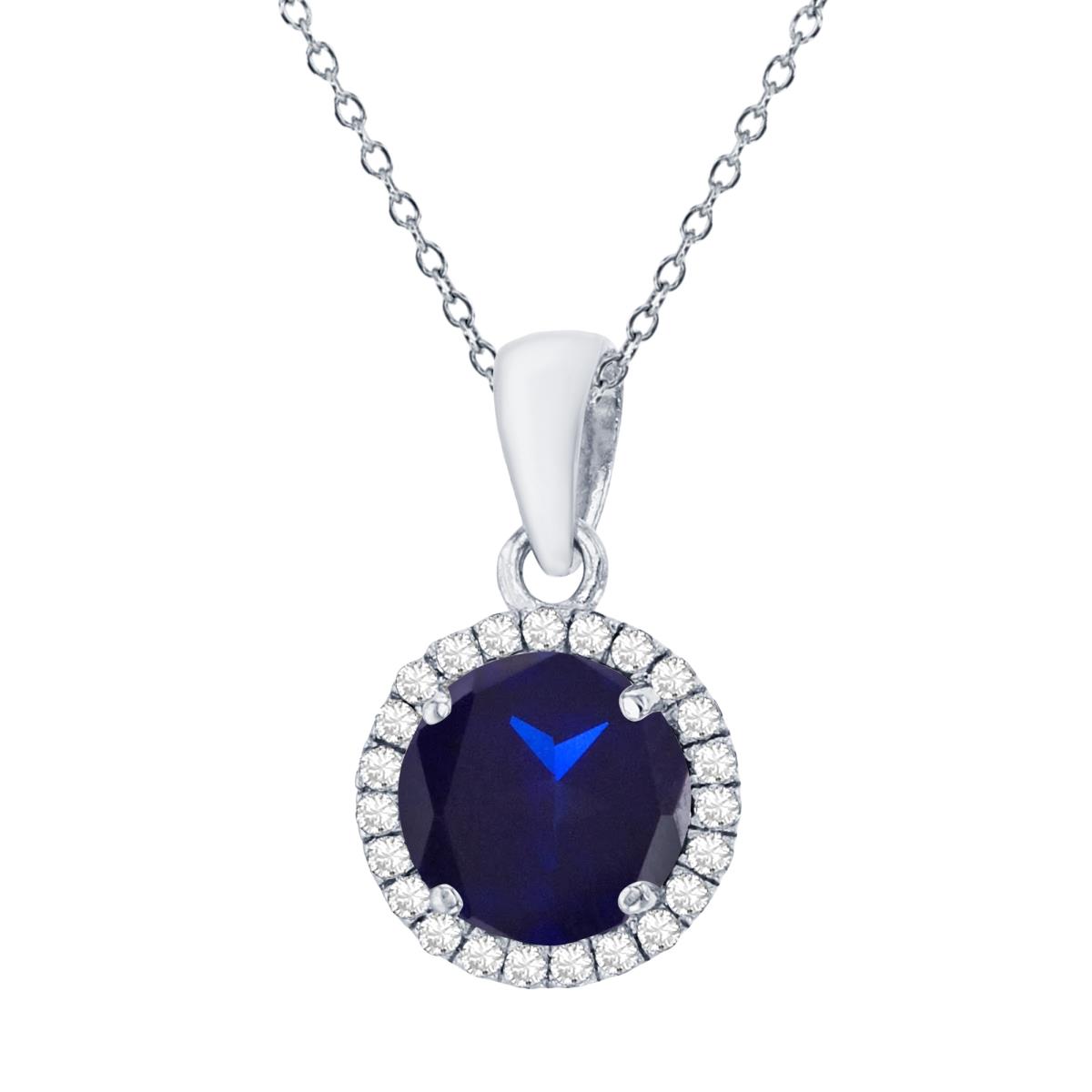 Sterling Silver Rhodium 7mm Round Cr Blue Sapphire & Cr White Sapphire Halo 18" Necklace