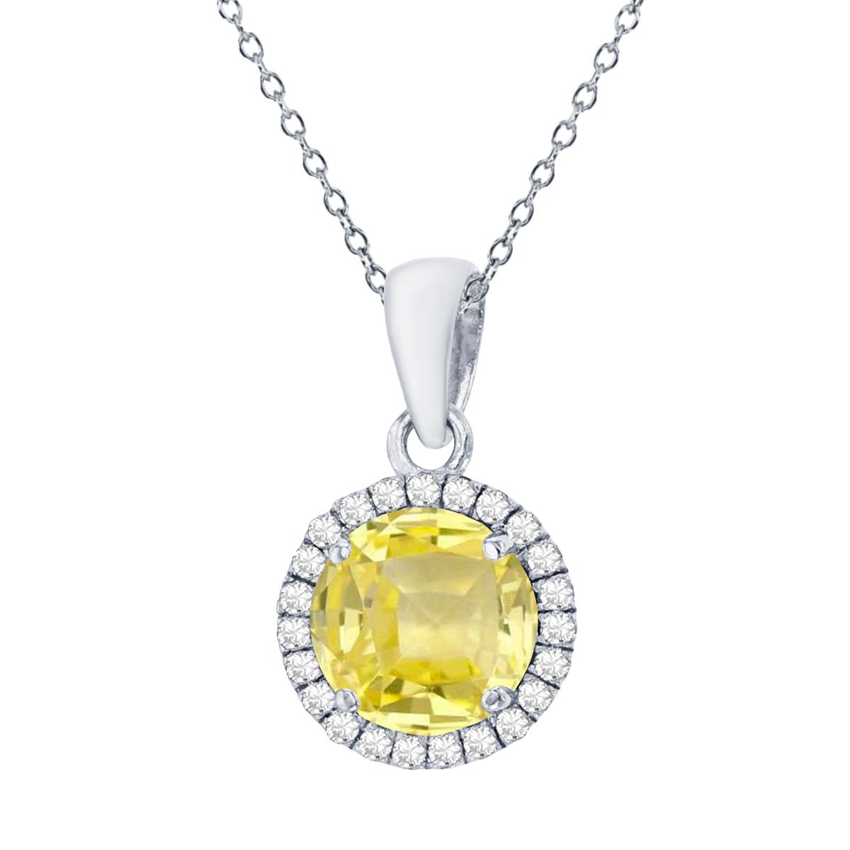 Sterling Silver Rhodium 7mm Round Cr Yellow Sapphire & Cr White Sapphire Halo 18" Necklace