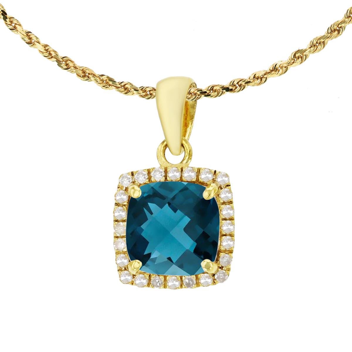 14K Yellow Gold 7mm Cushion London Blue Topaz & 0.12 CTTW Diamond Halo 18" Rope Chain Necklace