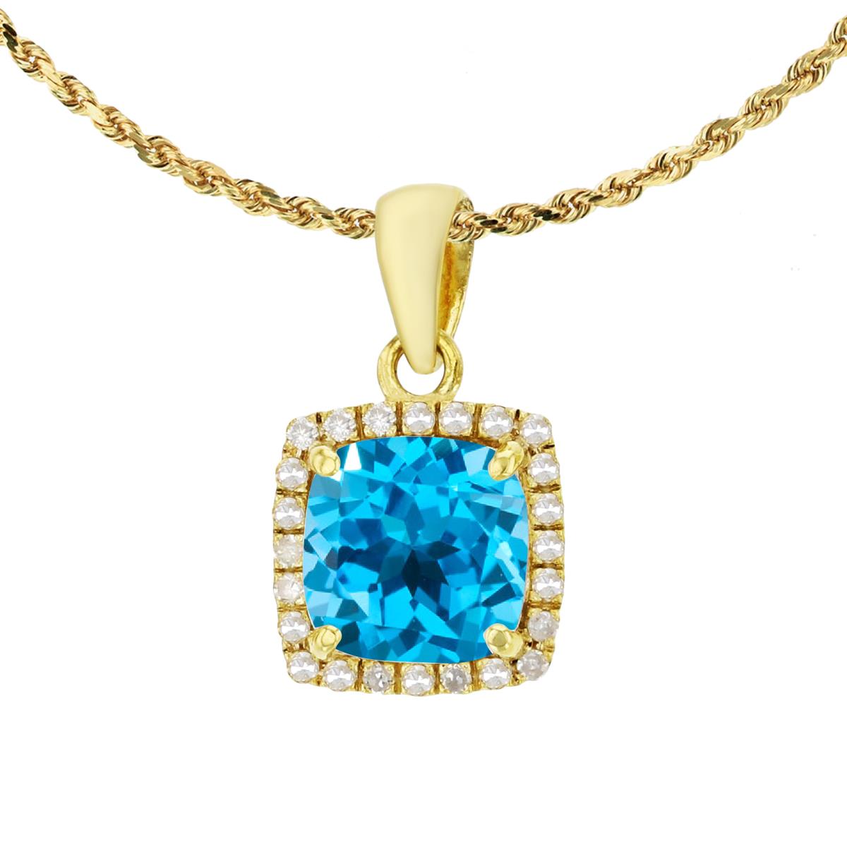 14K Yellow Gold 7mm Cushion Swiss Blue Topaz & 0.12 CTTW Diamond Halo 18" Rope Chain Necklace