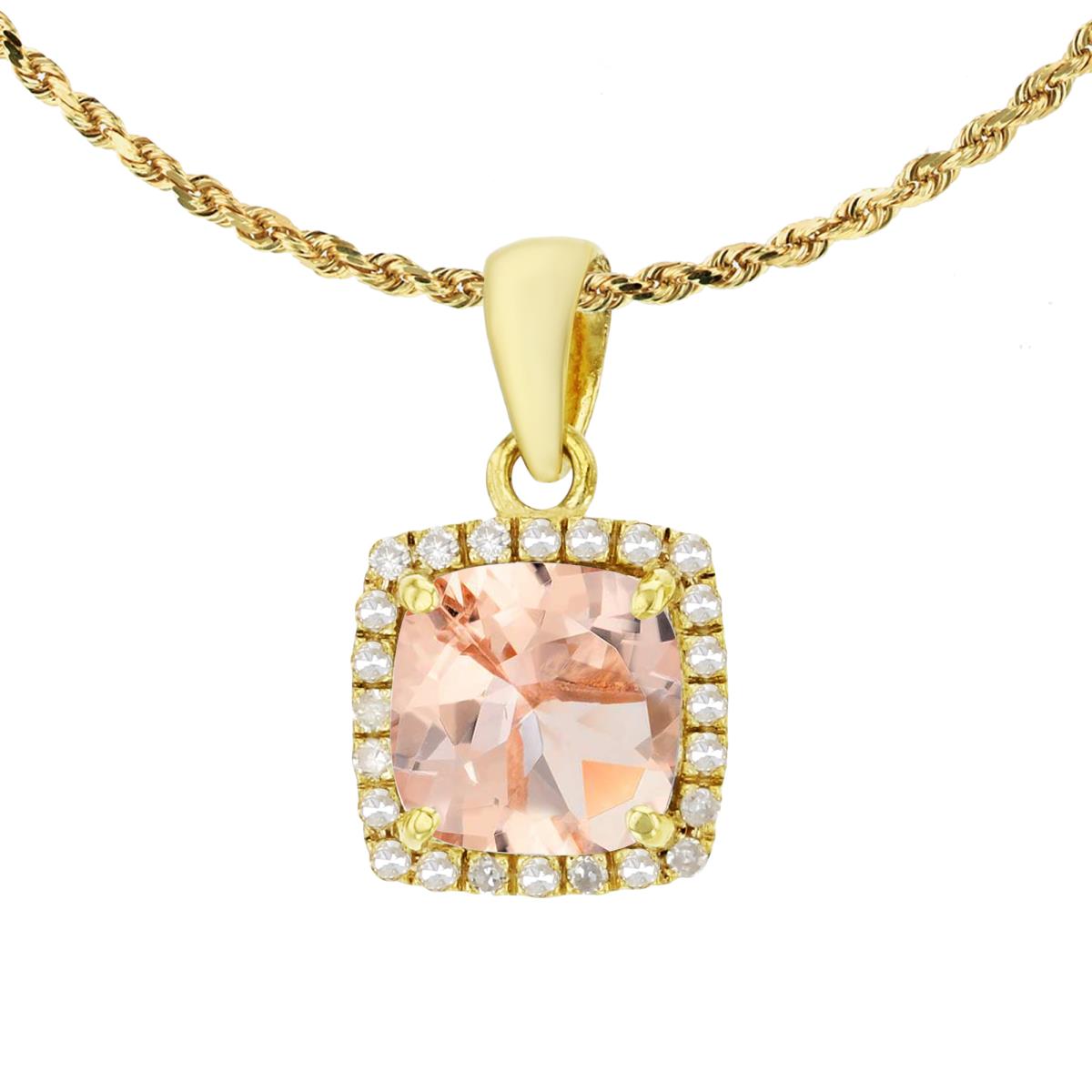 14K Yellow Gold 7mm Cushion Morganite & 0.12 CTTW Diamond Halo 18" Rope Chain Necklace