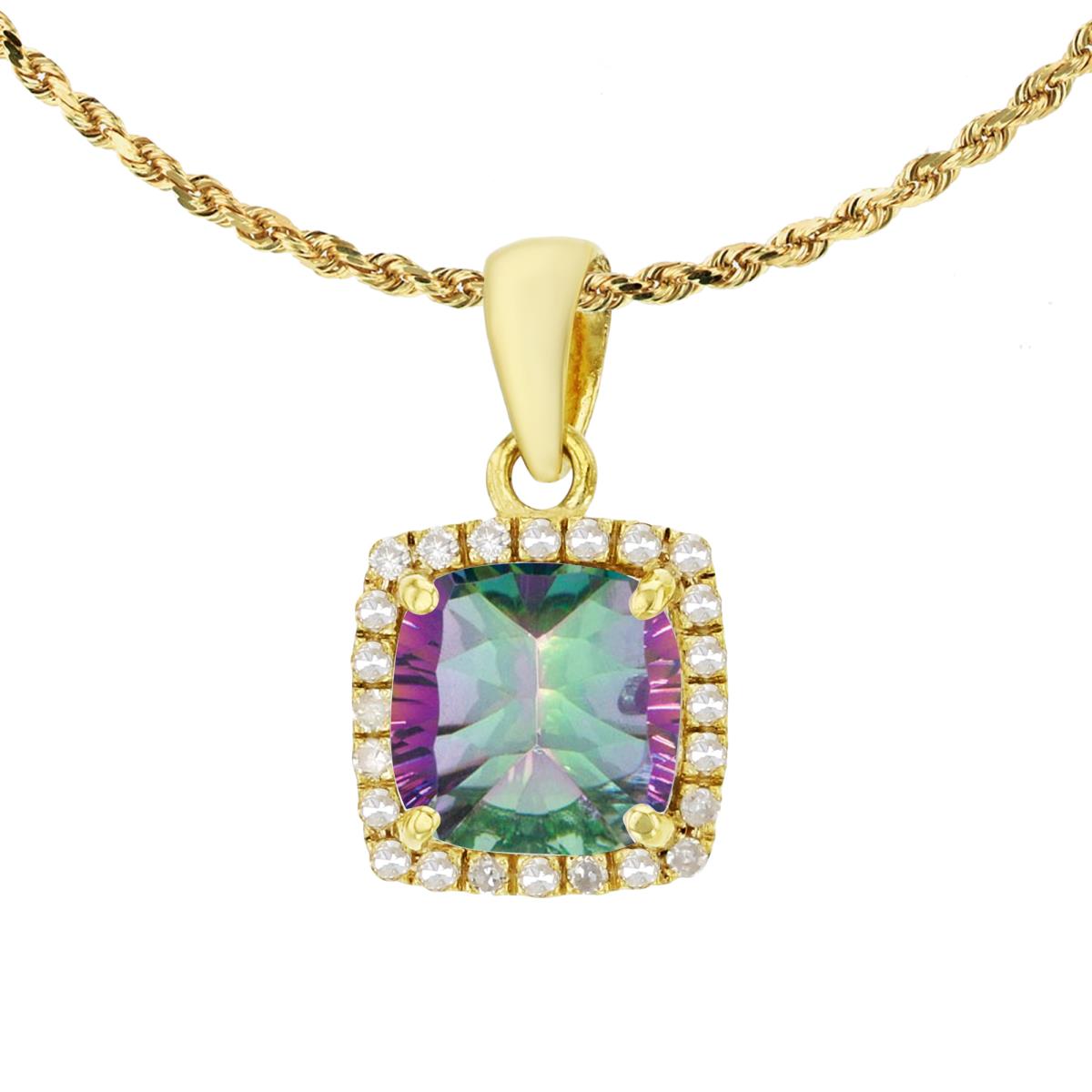 14K Yellow Gold 7mm Cushion Mystic Green Topaz & 0.12 CTTW Diamond Halo 18" Rope Chain Necklace