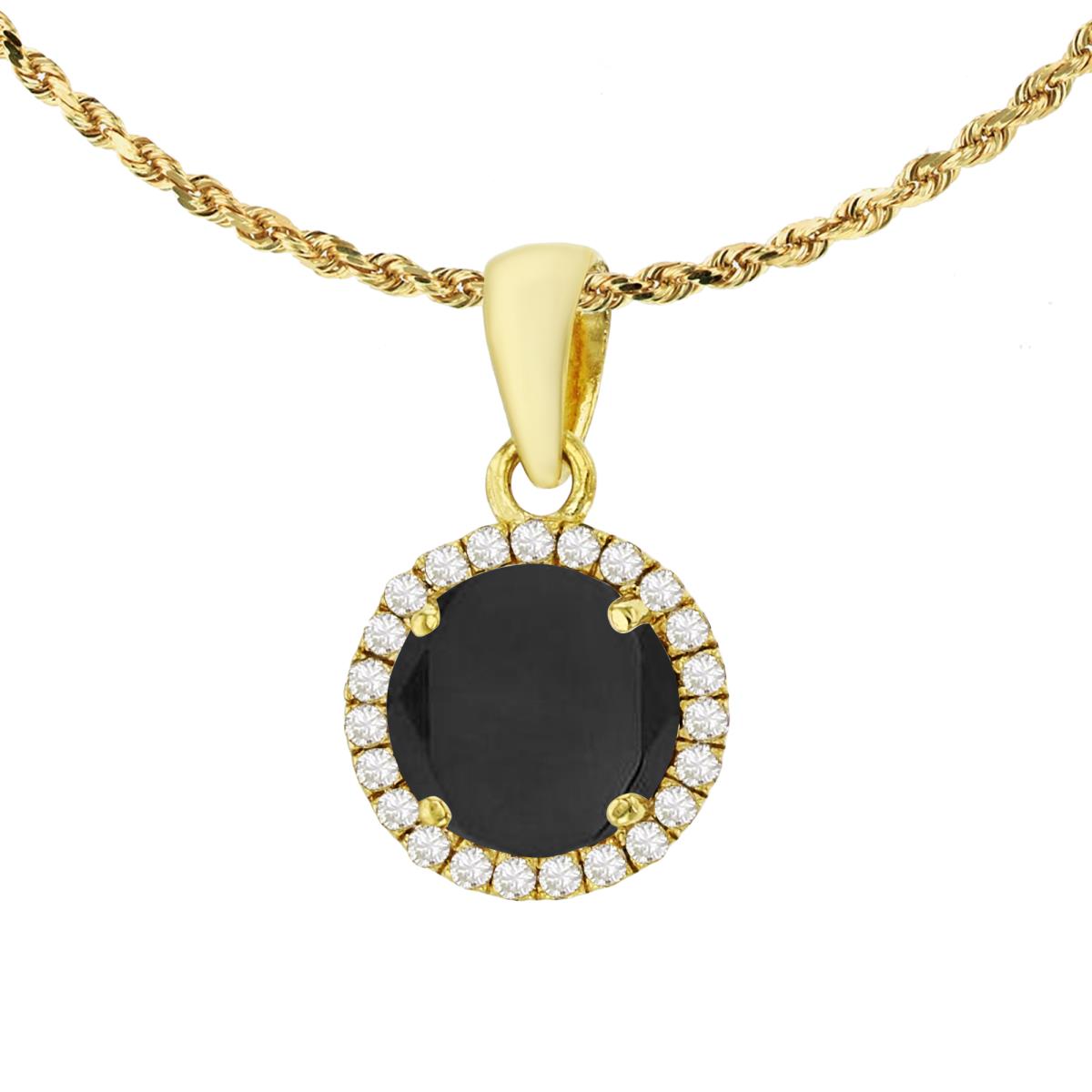 14K Yellow Gold 7mm Cushion Onyx & 0.12 CTTW Diamond Halo 18" Rope Chain Necklace