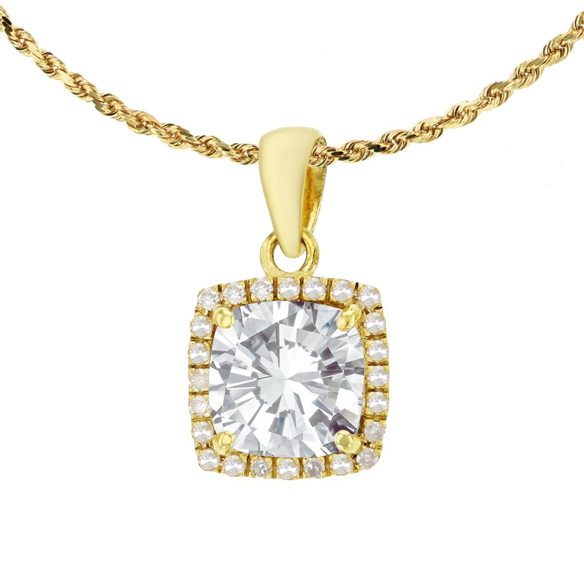 14K Yellow Gold 7mm Cushion White Topaz & 0.12 CTTW Diamond Halo 18" Rope Chain Necklace