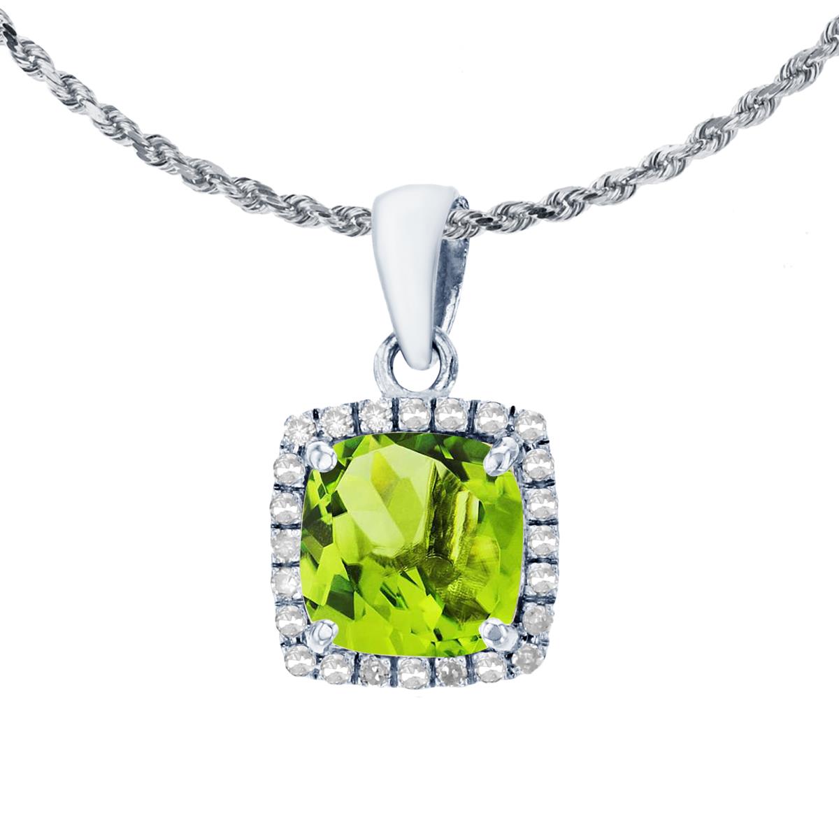 14K White Gold 7mm Cushion Peridot & 0.12 CTTW Diamond Halo 18" Rope Chain Necklace