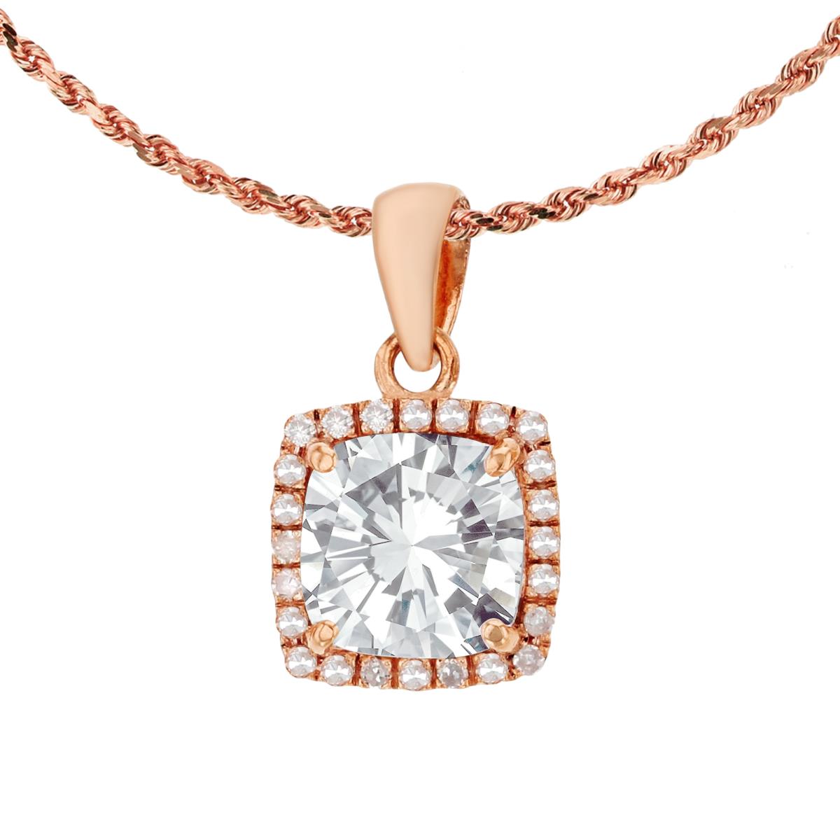 14K Rose Gold 7mm Cushion White Topaz & 0.12 CTTW Diamond Halo 18" Rope Chain Necklace